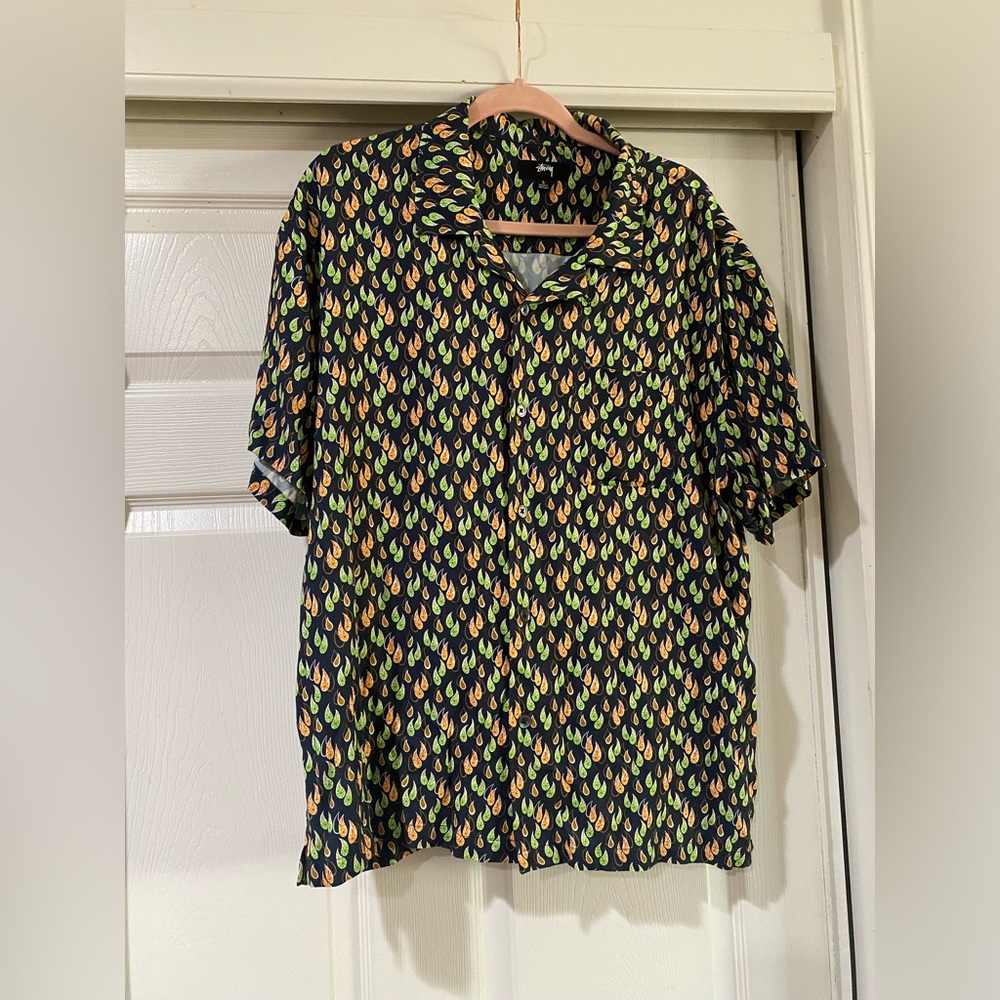 Stussy Hawaiian Shirt Large Black Paisley Camp Loop Collar‎ Lyocell Portugal